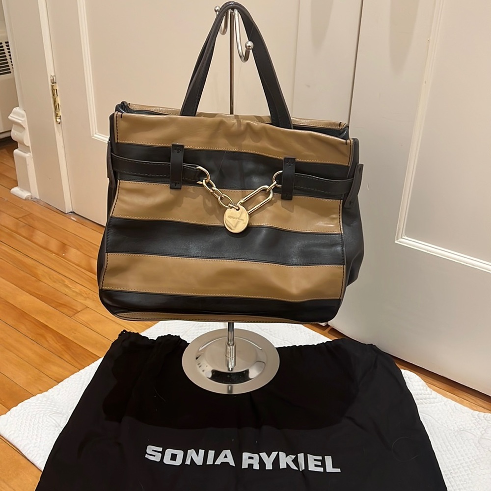 Sonia Rykiel Black and Tan Striped Chain-Accent Tote
